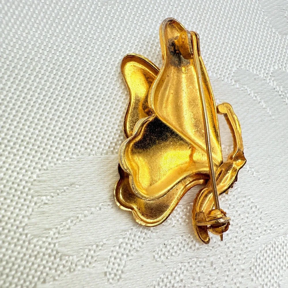 Vintage Ornate Damascene Style Black and Gold Tone Butterfly Insect Brooch Pin